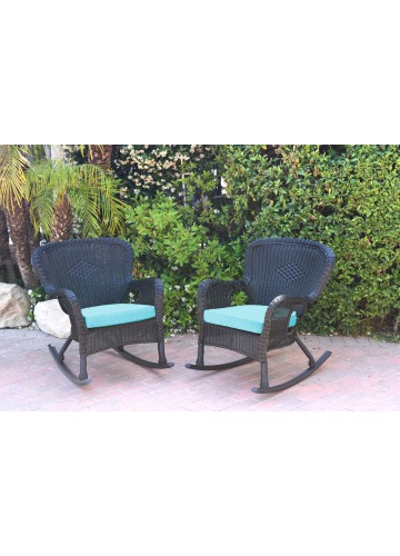 Set of 2 Windsor Black  Resin Wicker Rocker Chair with Sky Blue Cushions