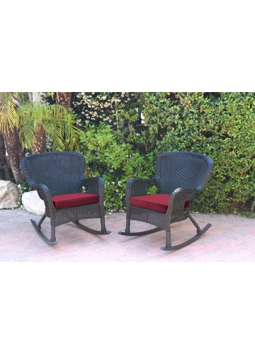Set of 2 Windsor Black  Resin Wicker Rocker Chair with Red Cushions