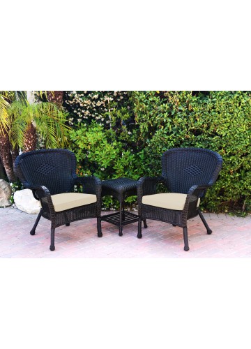 Windsor Black Wicker Chair And End Table Set With Ivory Chair Cushion