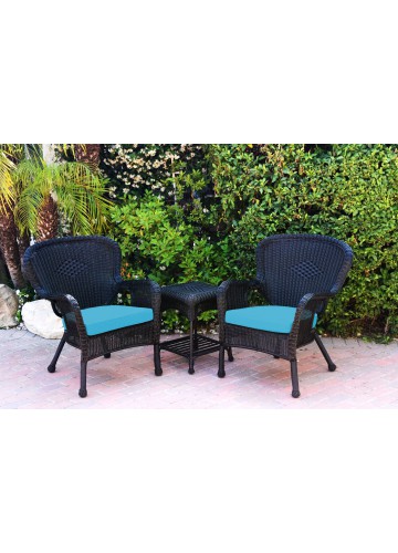 Windsor Black Wicker Chair And End Table Set With Sky Blue Chair Cushion