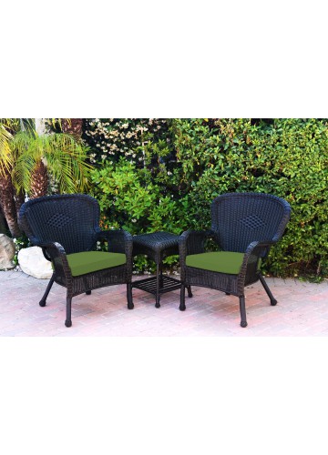 Windsor Black Wicker Chair And End Table Set With Hunter Green Chair Cushion