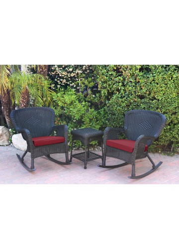 Windsor Black Wicker Rocker Chair And End Table Set With Red Chair Cushion