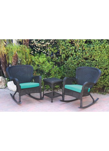 Windsor Black Wicker Rocker Chair And End Table Set With Turquoise Chair Cushion