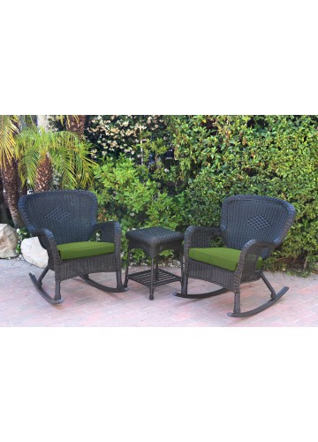 Windsor Black Wicker Rocker Chair And End Table Set With Hunter Green Chair Cushion