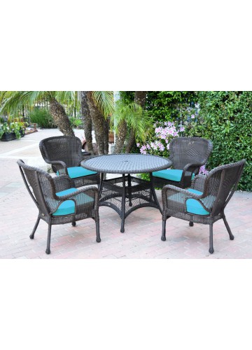 5pc Windsor Espresso Wicker Dining Set with Sky Blue Cushions