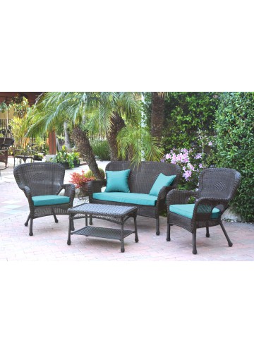 4pc Windsor Espresso Wicker Conversation Set - Sky Blue Cushions