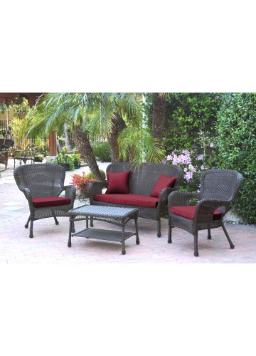 4pc Windsor Espresso Wicker Conversation Set - Red Cushions