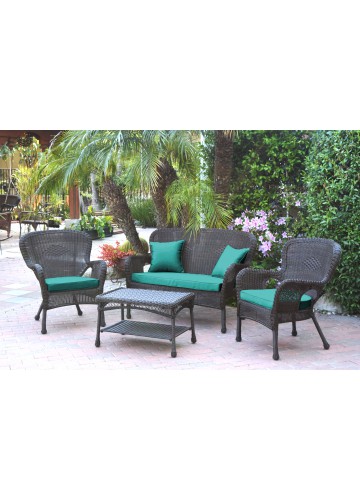 4pc Windsor Espresso Wicker Conversation Set - Turquoise Cushions