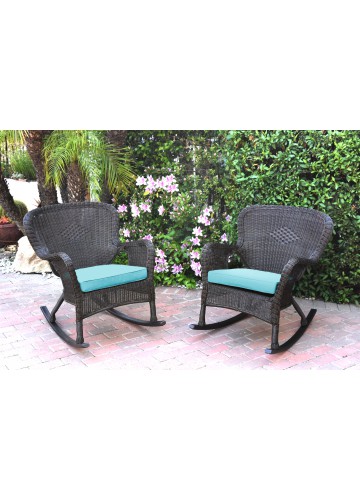 Set of 2 Windsor Espresso Resin Wicker Rocker Chair with Sky Blue Cushions