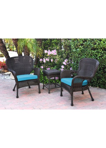 Windsor Espresso Wicker Chair And End Table Set With Sky Blue Chair Cushion