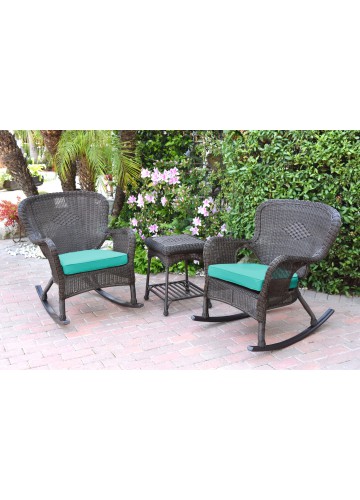 Windsor Espresso Wicker Rocker Chair And End Table Set With Turquoise Chair Cushion