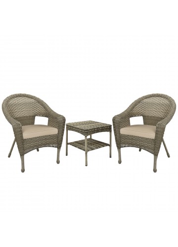 Set of 3 Grey Resin Wicker Clark Single Chair with 2 inch Tan Cushion and End Table