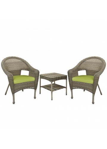 Set of 3 Grey Resin Wicker Clark Single Chair with 2 inch Sage Green Cushion and End Table