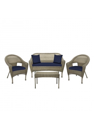 4pcs Grey Resin Wicker Clark Conversation Set with 2 inch Midnight Blue Cushion
