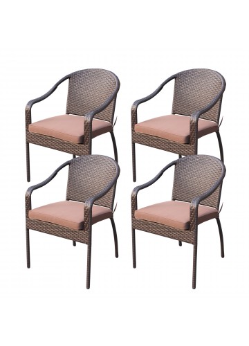 Set of 4 Cafe Curved Stacking Wicker Chairs - Brown Cushions