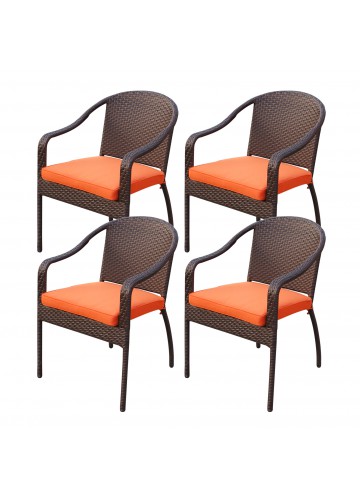 Set of 4 Cafe Curved Stacking Wicker Chairs - Orange Cushions