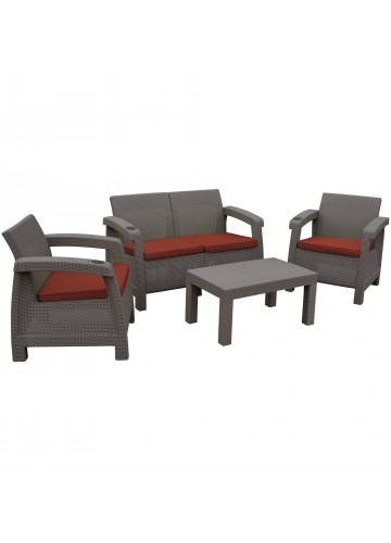 Ourea 4PC Espresso Conversation Patio Set with  Brick Red Cushion