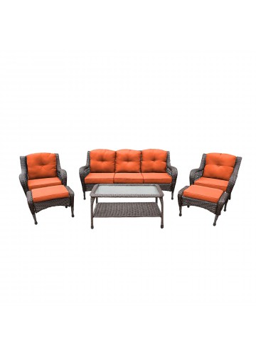 6pc Wicker Seating Set with Orange Cushions