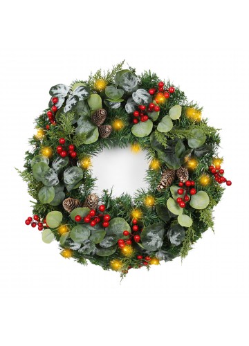 24 inch Eucalytpus Christmas Wreath with Red Berries and Lights
