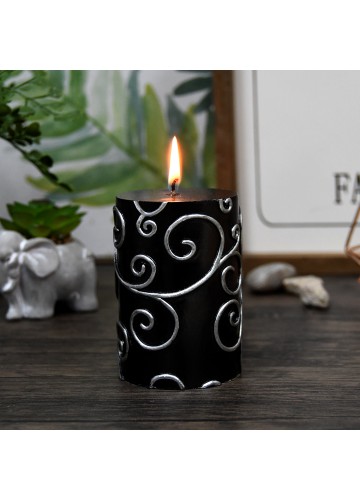 3 x 4 Inch Black Scroll Pillar Candle