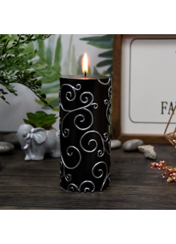 3 x 6 Inch Black Scroll Pillar Candle (12pcs/Case) Bulk