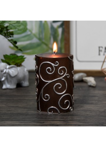 3 x 4 Inch Brown Scroll Pillar Candle (12pcs/Case) Bulk