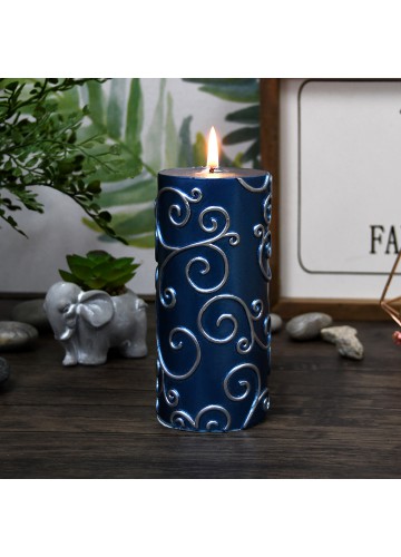 3 x 6 Inch Blue Scroll Pillar Candle