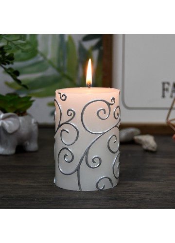 3 x 4 Inch White Scroll Pillar Candle (12pcs/Case) Bulk