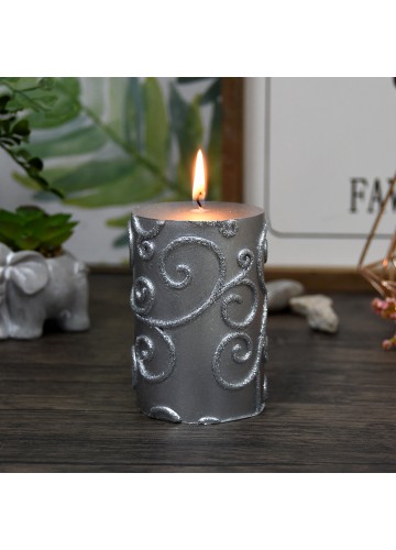 3 x 4 Inch Silver Scroll Pillar Candle