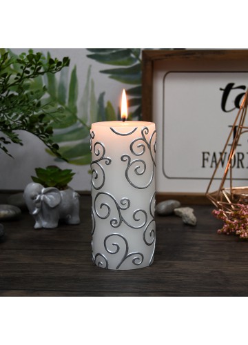 3 x 6 Inch White Scroll Pillar Candle (12pcs/Case) Bulk