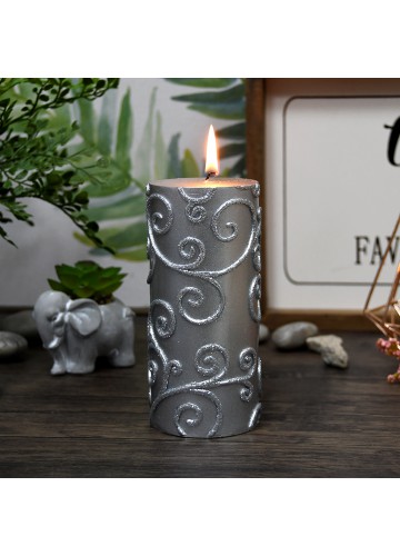 3 x 6 Inch Silver Scroll Pillar Candle