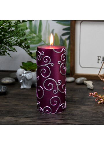 3 x 6 Inch Purple Scroll Pillar Candle