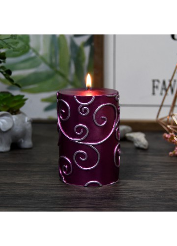 3 x 4 Inch Purple Scroll Pillar Candle (12pcs/Case) Bulk