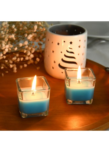 Turquoise Square Glass Votive Candles (12pc/Box)