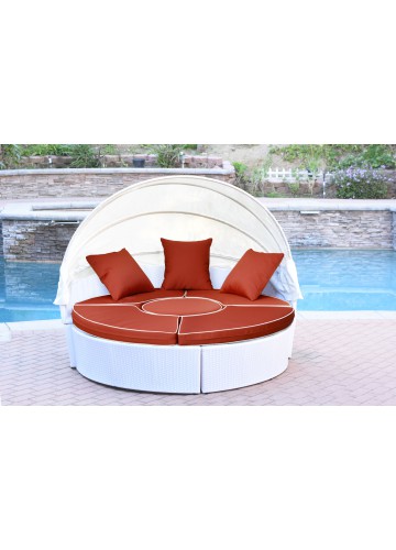 All-Weather White Wicker Sectional Daybed - Brick Red Cushions
