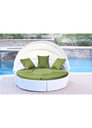 All-Weather White Wicker Sectional Daybed - Sage Green Cushions