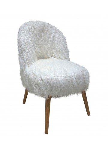 WHITE FAUX FUR CURLY BACK CHAIR W/NATURAL LEGS