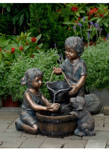 Two Kids And Dog Outdoor/Indoor Water Fountain