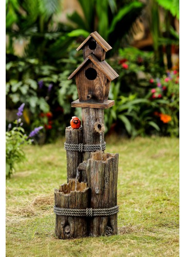 Tiered Wood Finish Water Fountain with Birdhouse