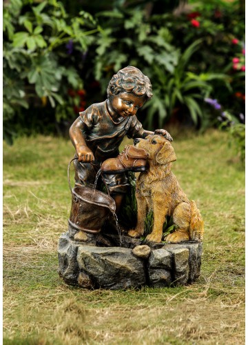 Boy Plays with Dog Water Fountain