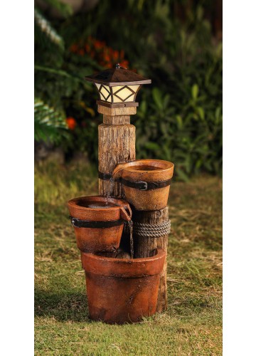 Three Pots With Solar Pillar Lamp Water Fountain