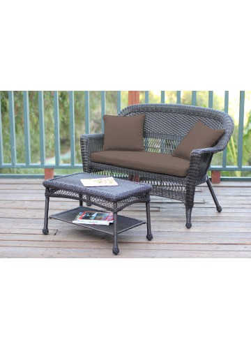 Espresso Wicker Patio Love Seat And Coffee Table Set With Brown Cushion