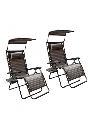 Set of 2 Oversized Zero Gravity Chair with Sunshade and Drink Tray - Black and Tan
