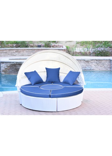 All-Weather White Wicker Sectional Daybed - Midnight Blue Cushions