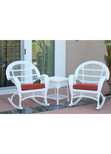 3pc Santa Maria White Rocker Wicker Chair Set - Brick Red Cushions