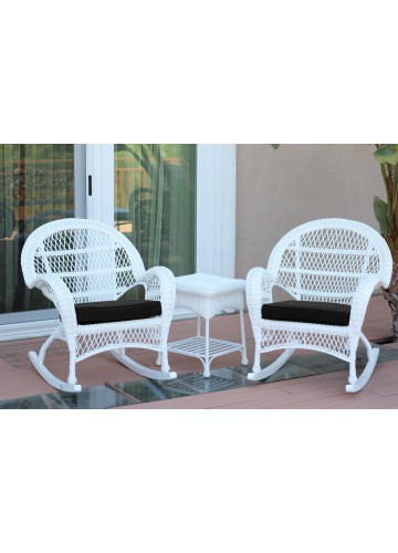 3pc Santa Maria White Rocker Wicker Chair Set - Black Cushions