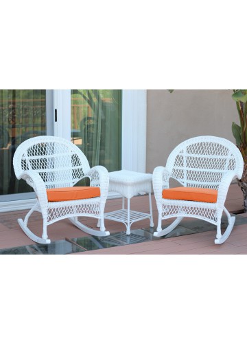 3pc Santa Maria White Rocker Wicker Chair Set - Orange Cushions