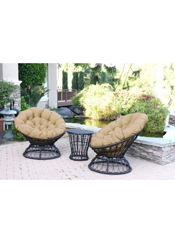 Papasan Espresso Wicker Swivel Chair and Table Set with Tan Cushion