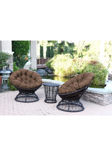 Papasan Espresso Wicker Swivel Chair and Table Set with Brown Cushion