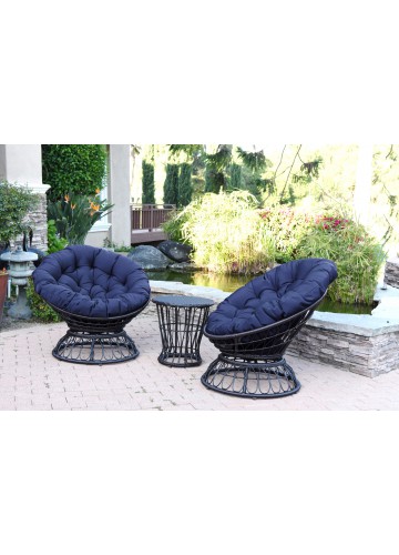 Papasan Espresso Wicker Swivel Chair and Table Set with Midnight Blue Cushion